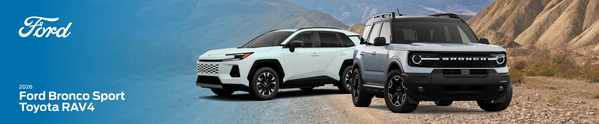 A white Toyota RAV4 and a gray Ford Bronco Sport parked on a gravel road.