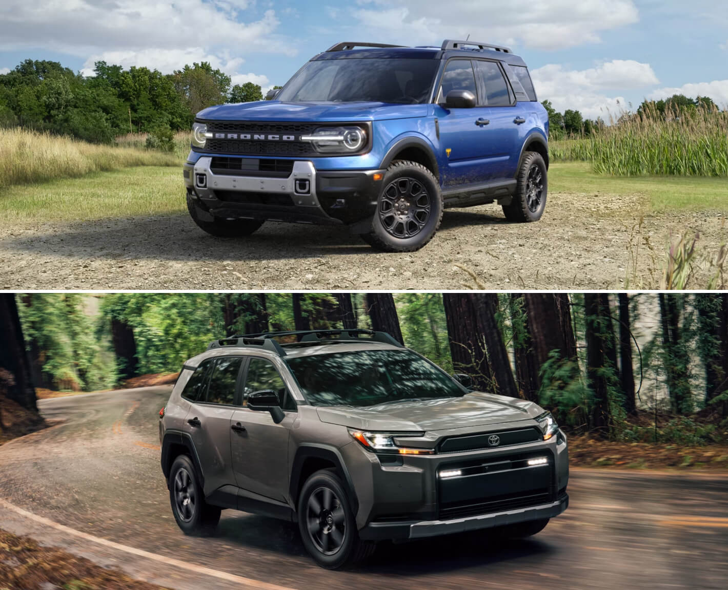 A blue Ford Bronco Sport parked in a grassy clearing. A Gray RAV4 drives down a forest road.