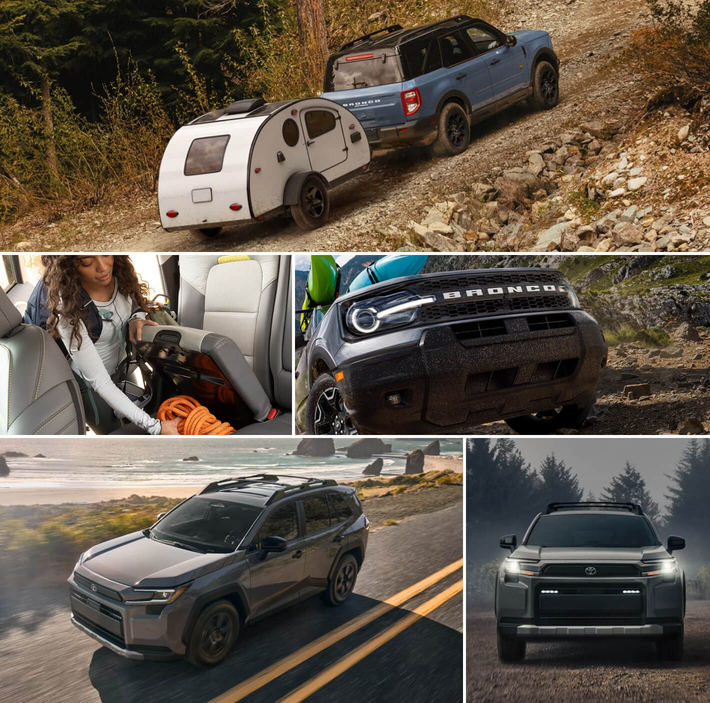 Collage of Ford Bronco and Toyota RAV4 offroad and storage features.