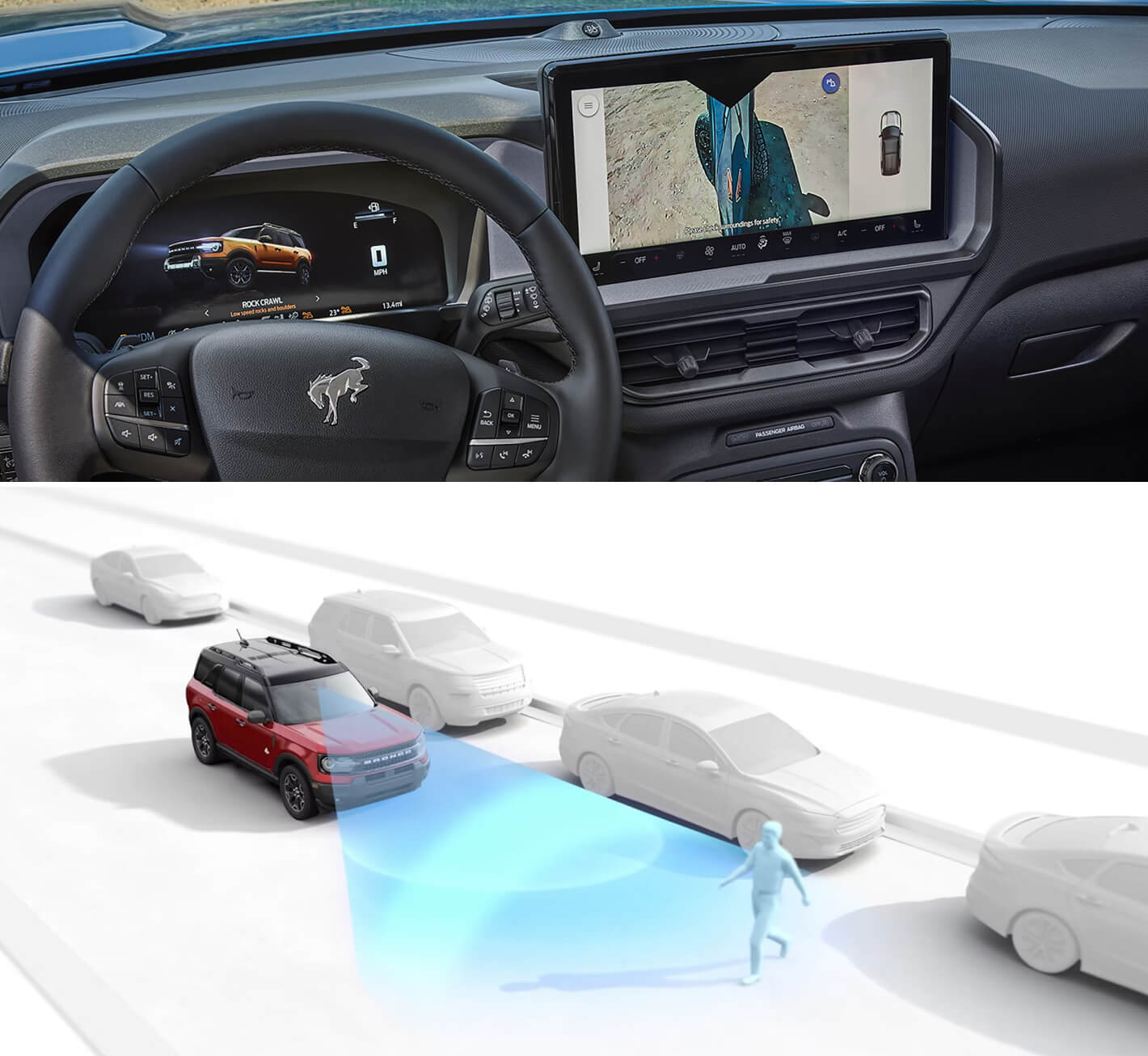 Interior view of Ford Bronco trailer camera and illustration of pedestrian detection feature.