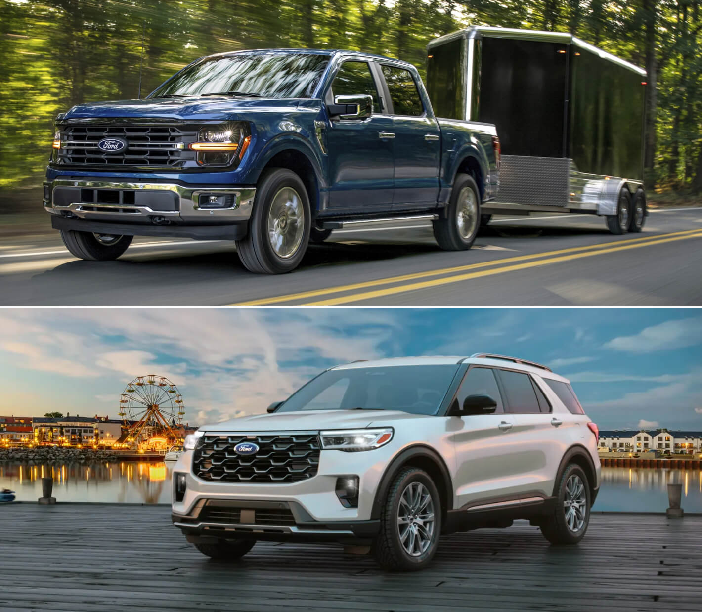 Low angle action shot of a blue Ford F-150 towing a trailer. A white Ford Explorer parked on a boardwalk at dusk.
