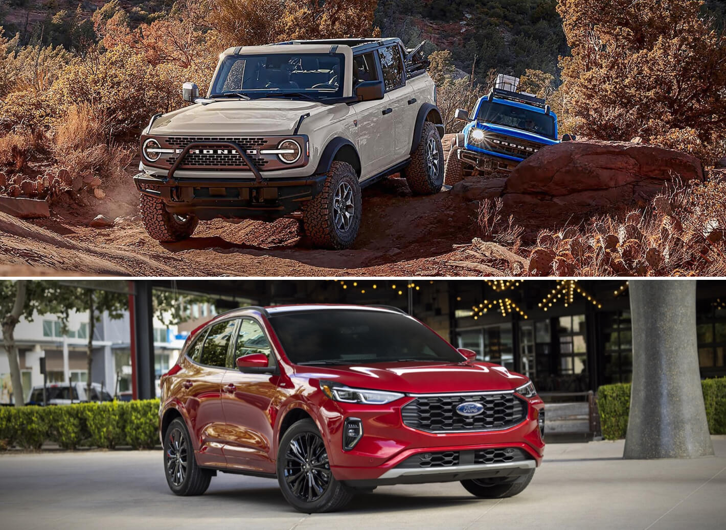 Two Ford Bronco vehicles offroading on a rocky trail. A red Ford Escape parked on a day lit city street.