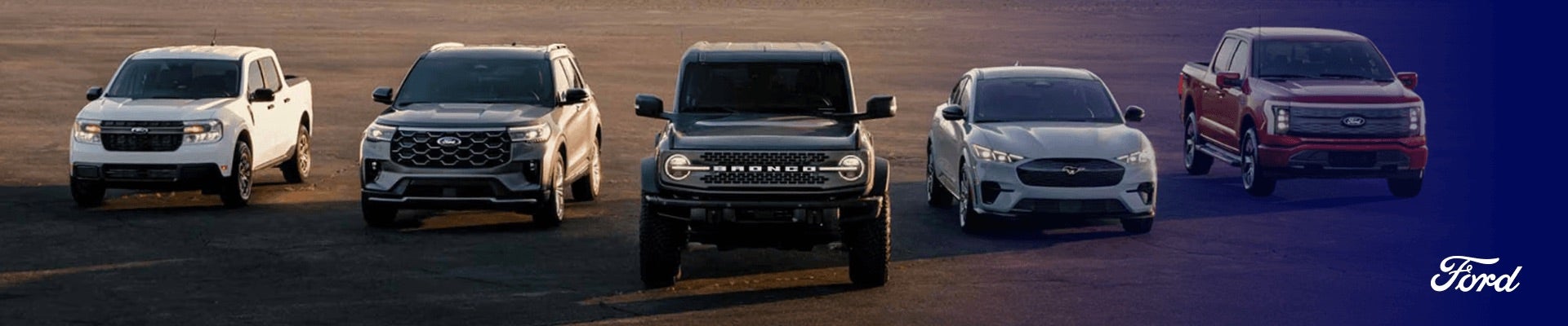 Five 2026 Ford Trucks, Cars and SUVs driving in side-by-side formation on a desert salt flat at dusk.
