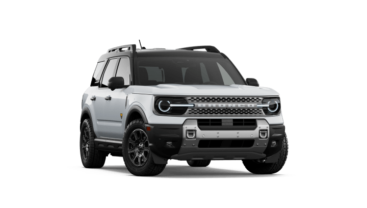 2026 Ford Bronco Sport Badlands in Oxford White, front three-quarter passenger side studio view.
