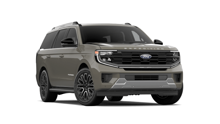 2026 Ford Expedition Platinum in Marsh Gray, front three-quarter passenger side studio view.