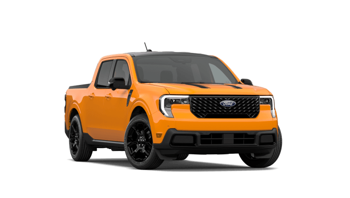 2026 Ford Maverick Lariat in Orange Fury, front three-quarter passenger side studio view.